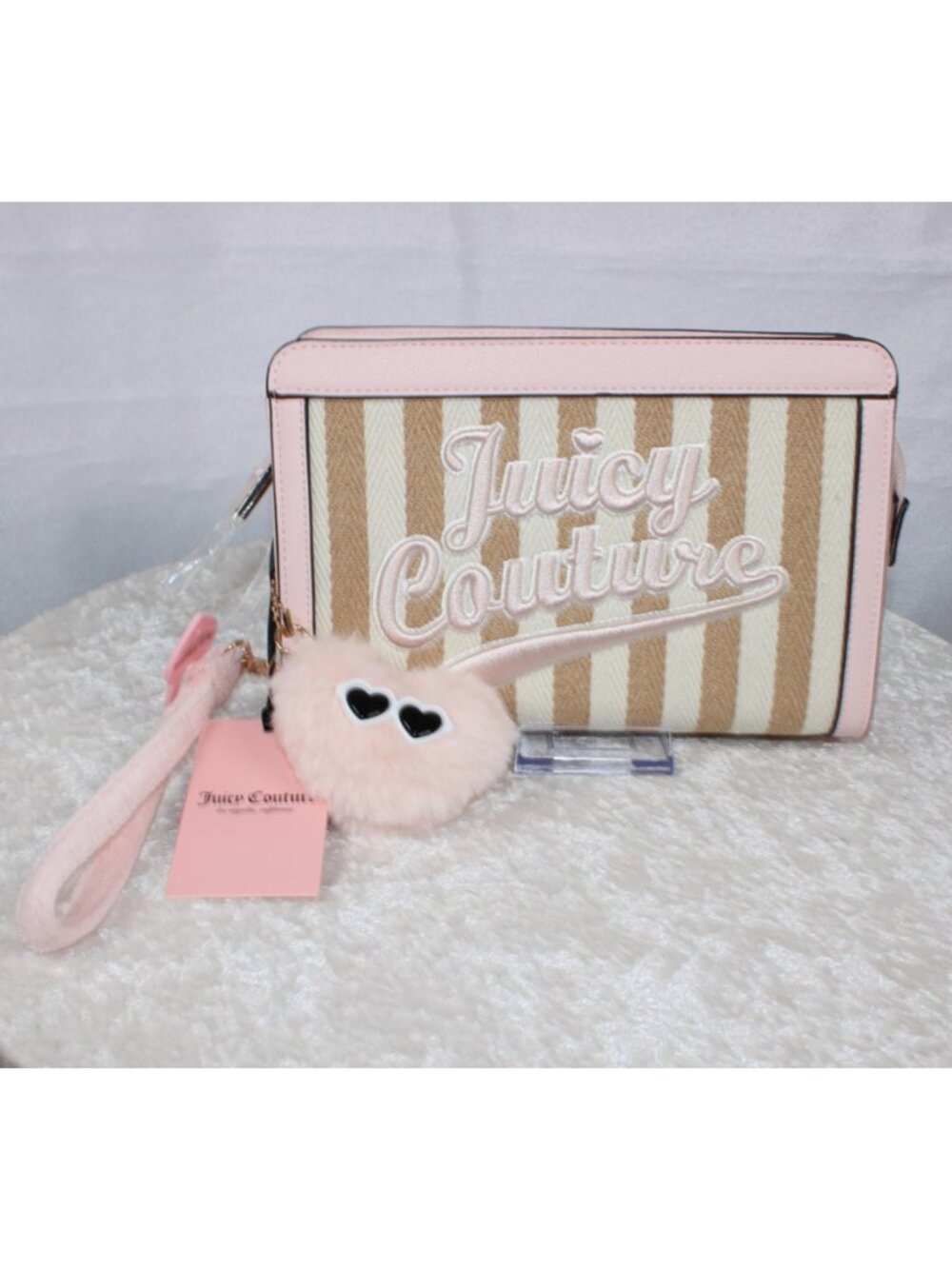Juicy Couture Free To Be Juicy Wristlet Clutch Sandstone Stripe NWT Heart Charm